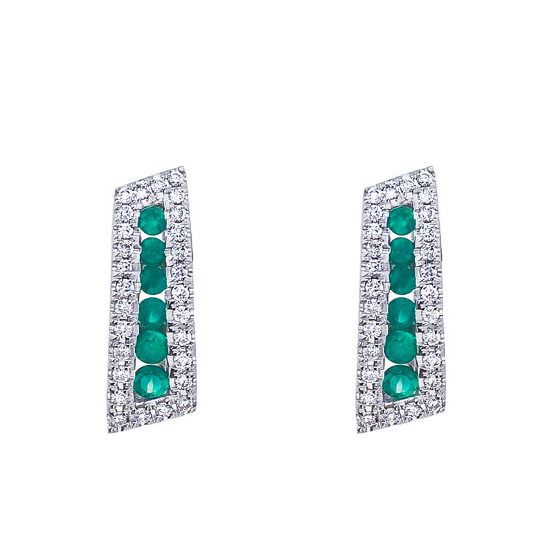 JCX2095: Graceful 14k white gold earrings with stacks of beautiful emeralds and .18 carats of shining diamonds.