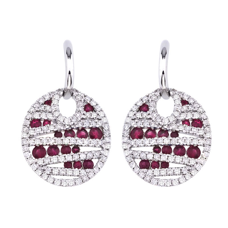 JCX2101: Beautiful Ruby and Diamond lever-back earrings set in 14k White gold with .96 total carat diamonds.