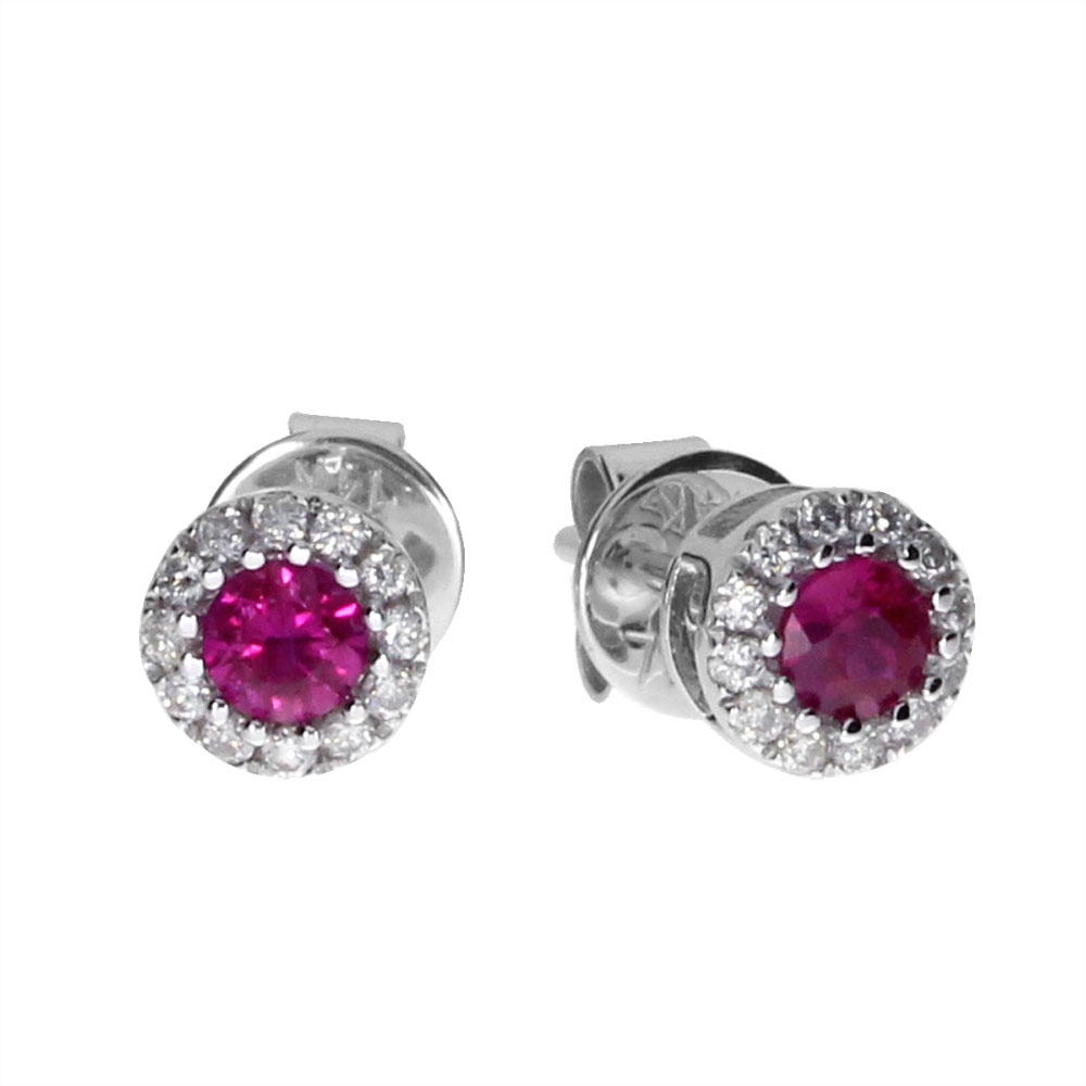 JCX2103: 3.3 mm round ruby earrings surrounded by brilliant diamonds set in 14k white gold.