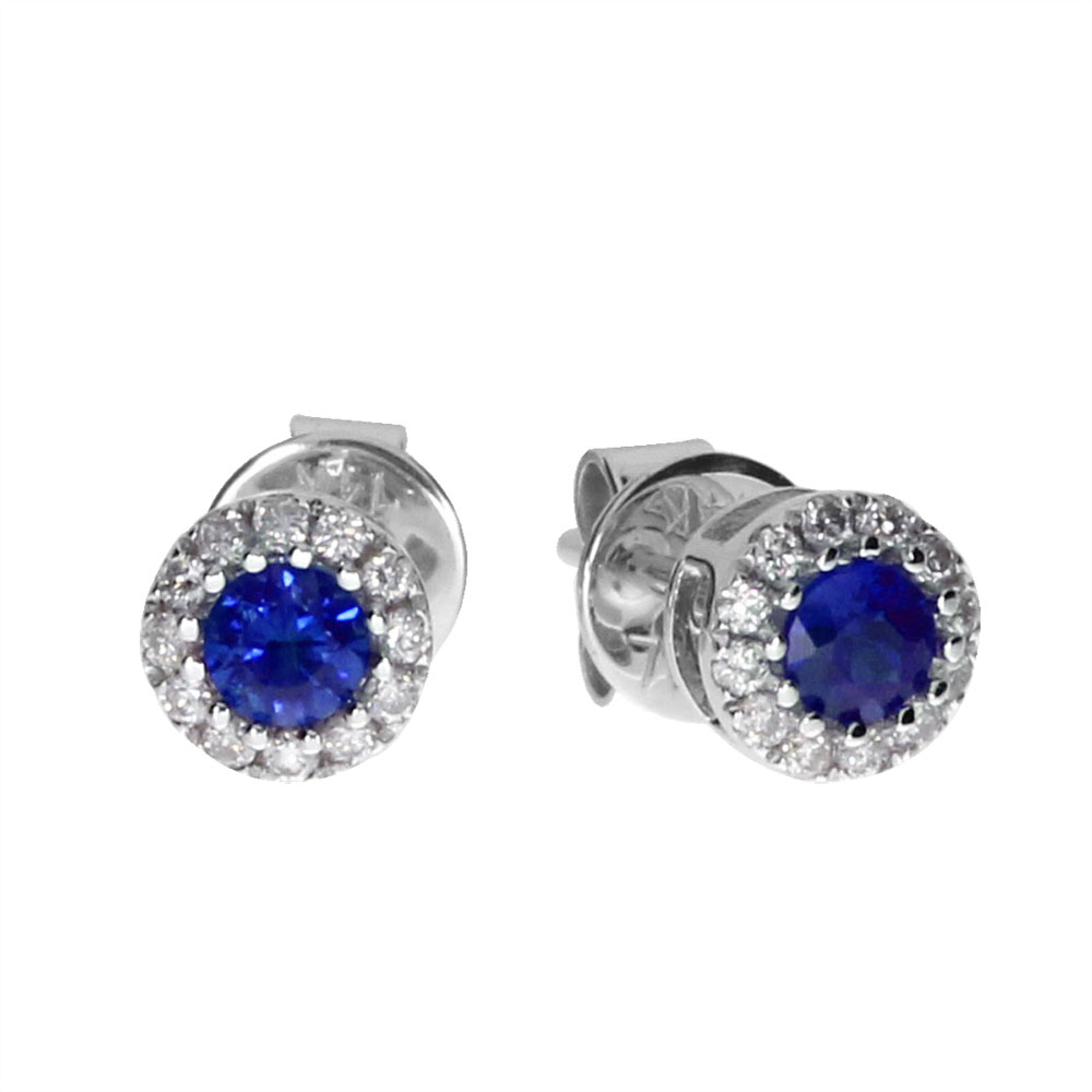JCX2104: 3.3 mm round sapphire earrings surrounded by brilliant diamonds set in 14k white gold.