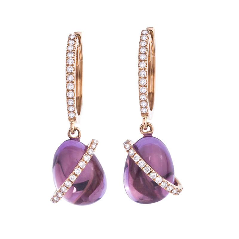 JCX2105: Luminous 9x7 mm cabochon amethyst earrings with a ring of bright diamonds set in 14k rose gold.