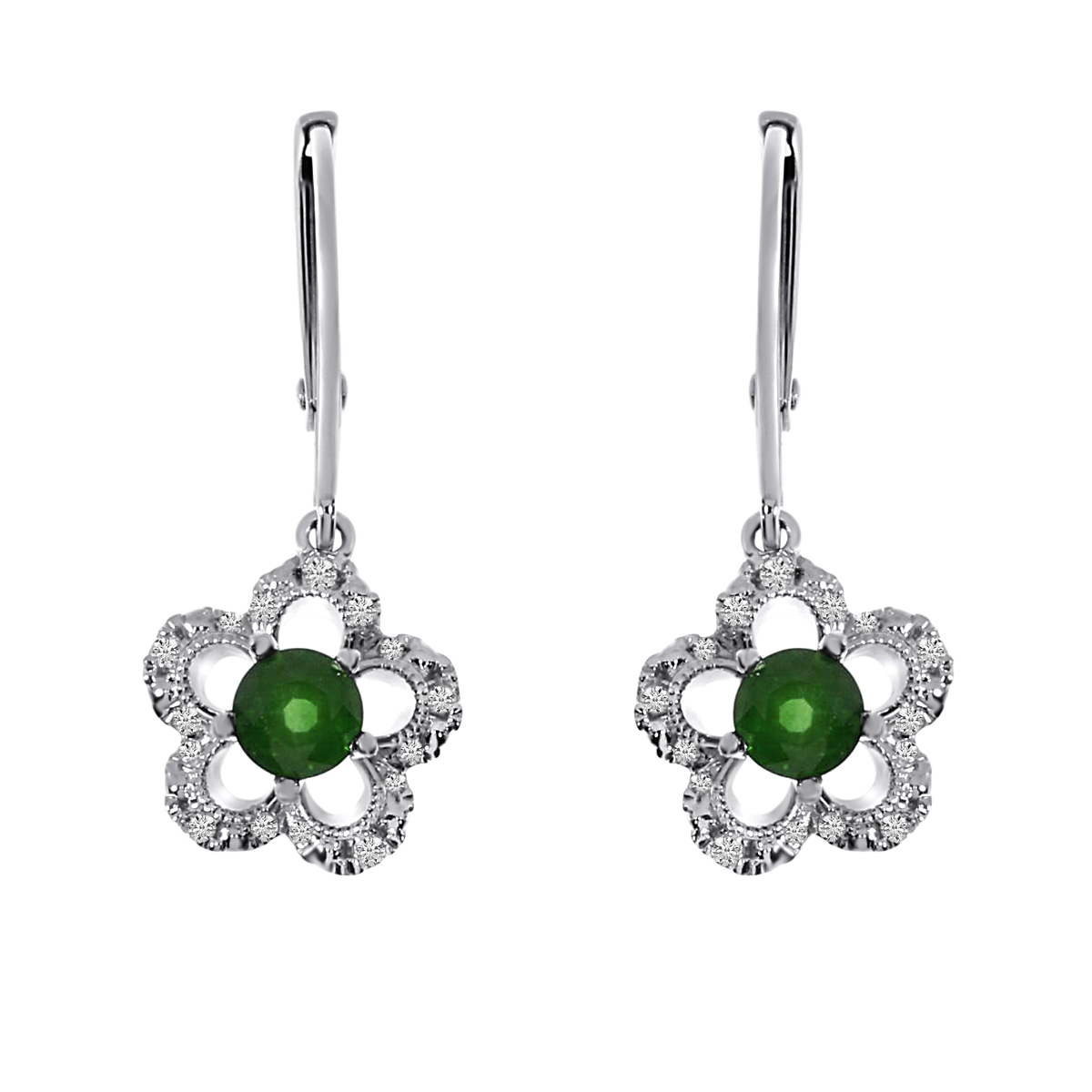 JCX2106: Floral shaped earrings in 14k white gold with 4 mm round emeralds and .11 ct diamonds.