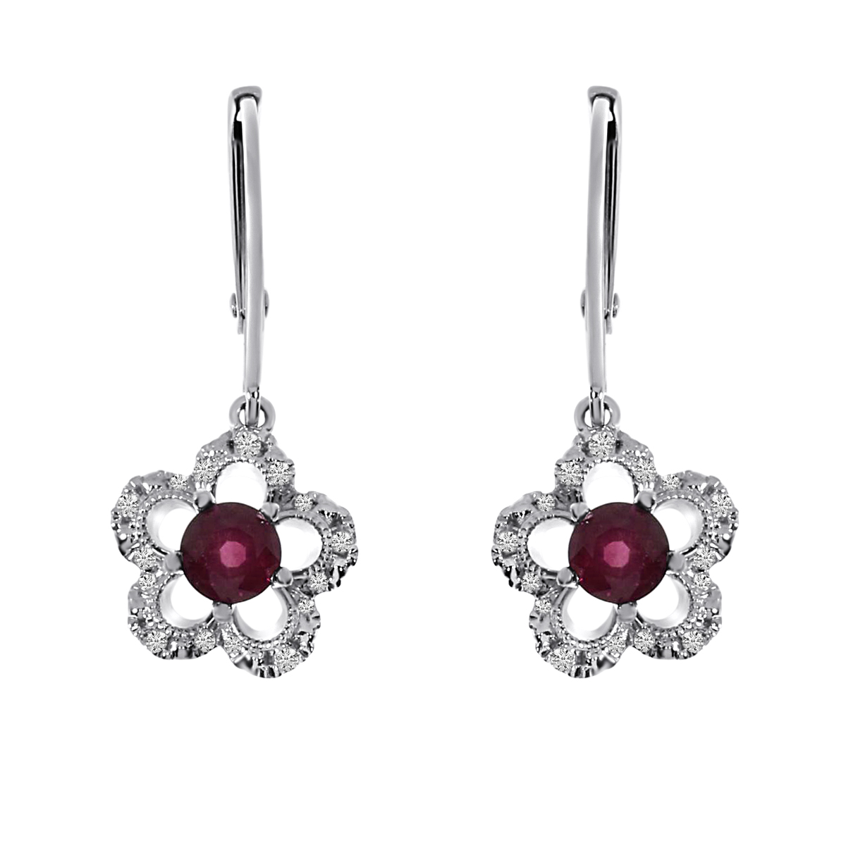 JCX2107: Floral shaped earrings in 14k white gold with 4 mm round rubies and .11 ct diamonds.