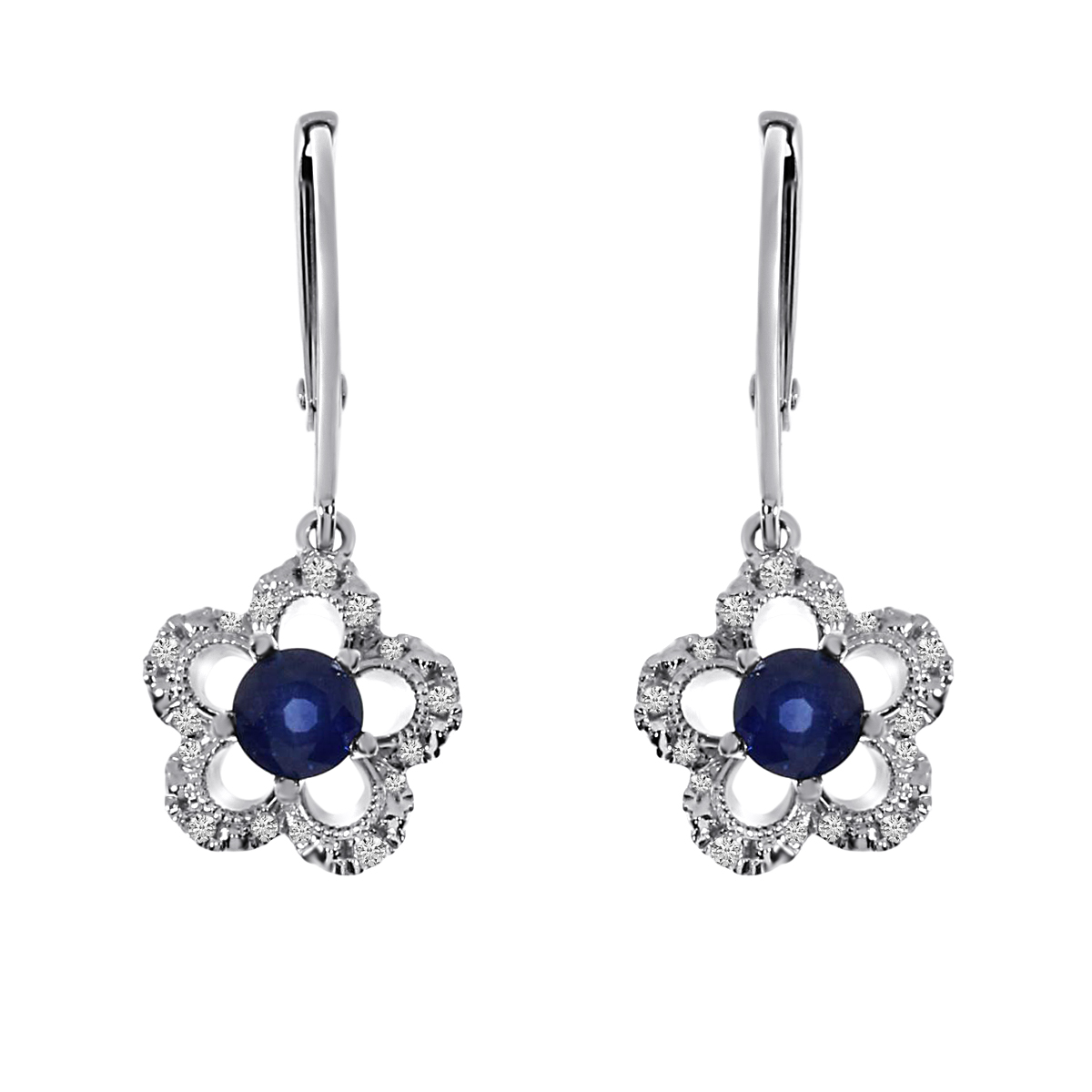 JCX2108: Floral shaped earrings in 14k white gold with 4 mm round sapphires and .11 ct diamonds.