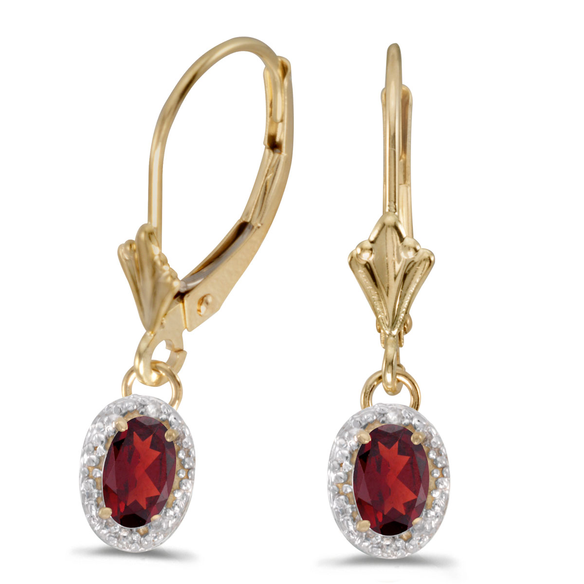 JCX2109: Beautiful 10k yellow gold leverback earrings with striking 6x4 mm garnets complemented with bright diamonds.