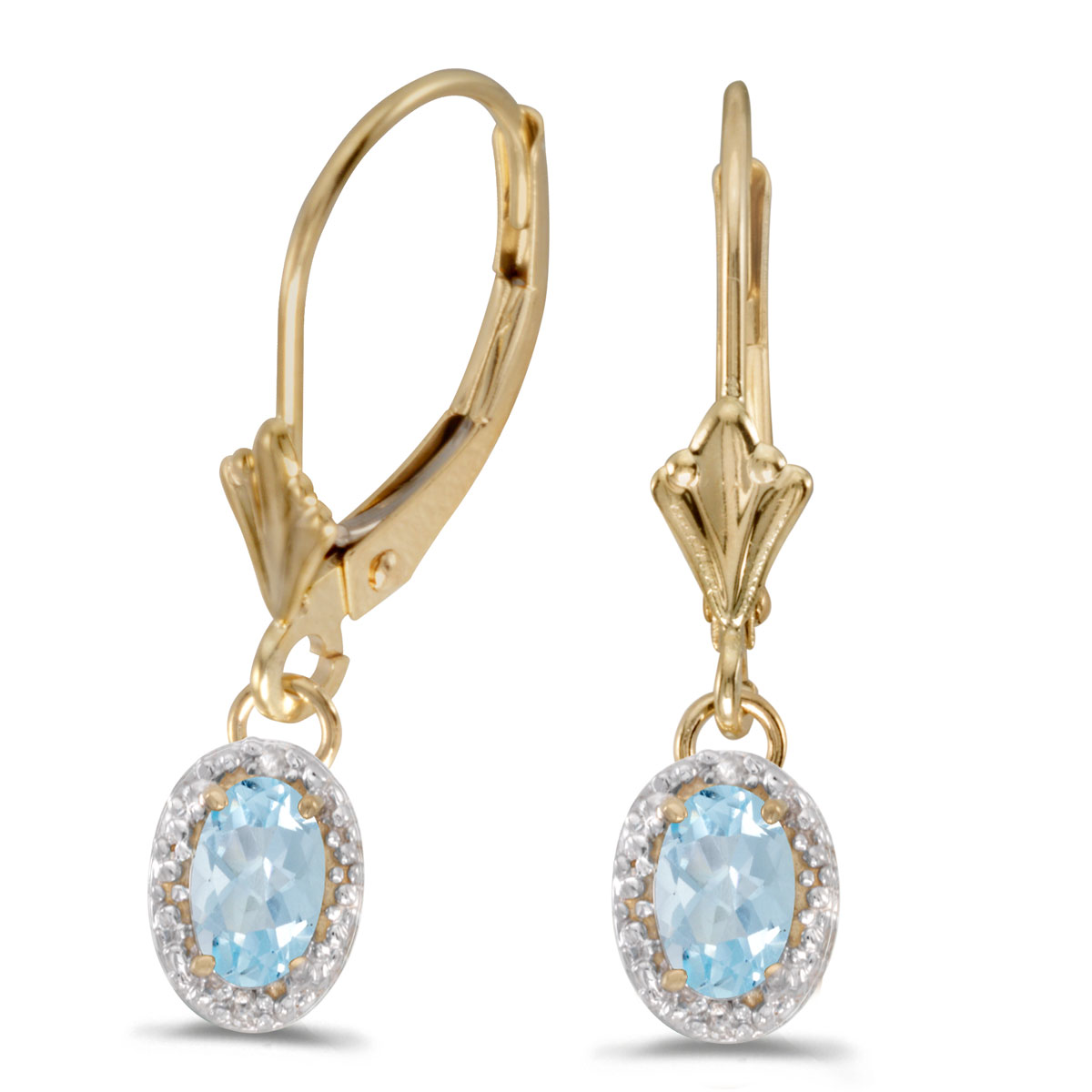Beautiful 10k yellow gold leverback earrings with stunning 6x4 mm aquamarines complemented with bright diamonds.