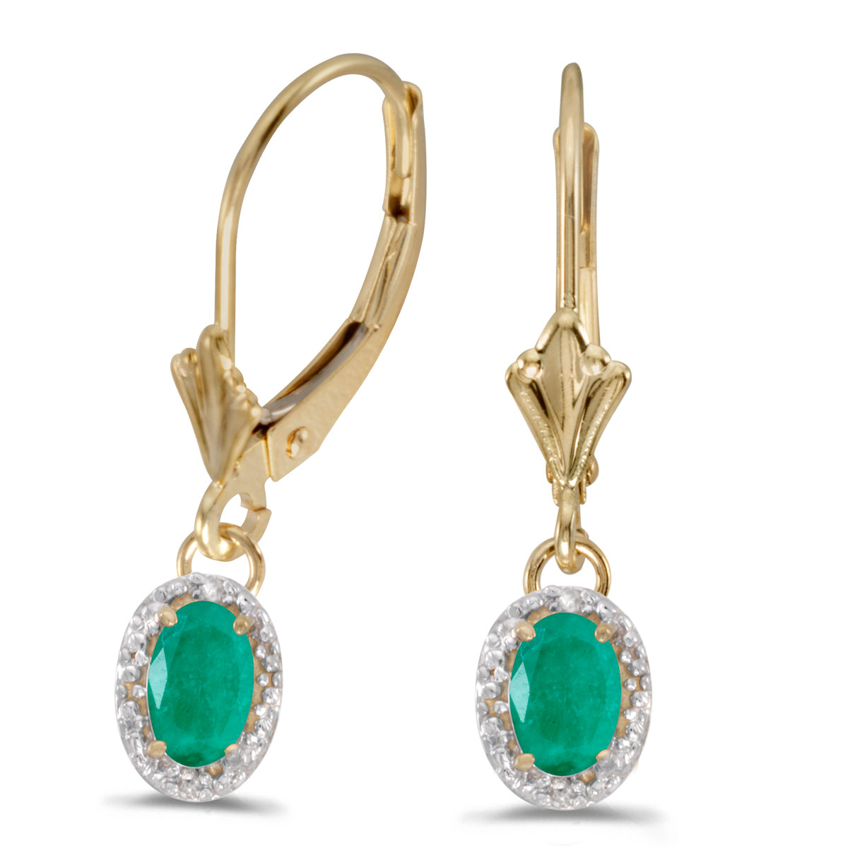 JCX2113: Beautiful 10k yellow gold leverback earrings with regal 6x4 mm emeralds complemented with bright diamonds.