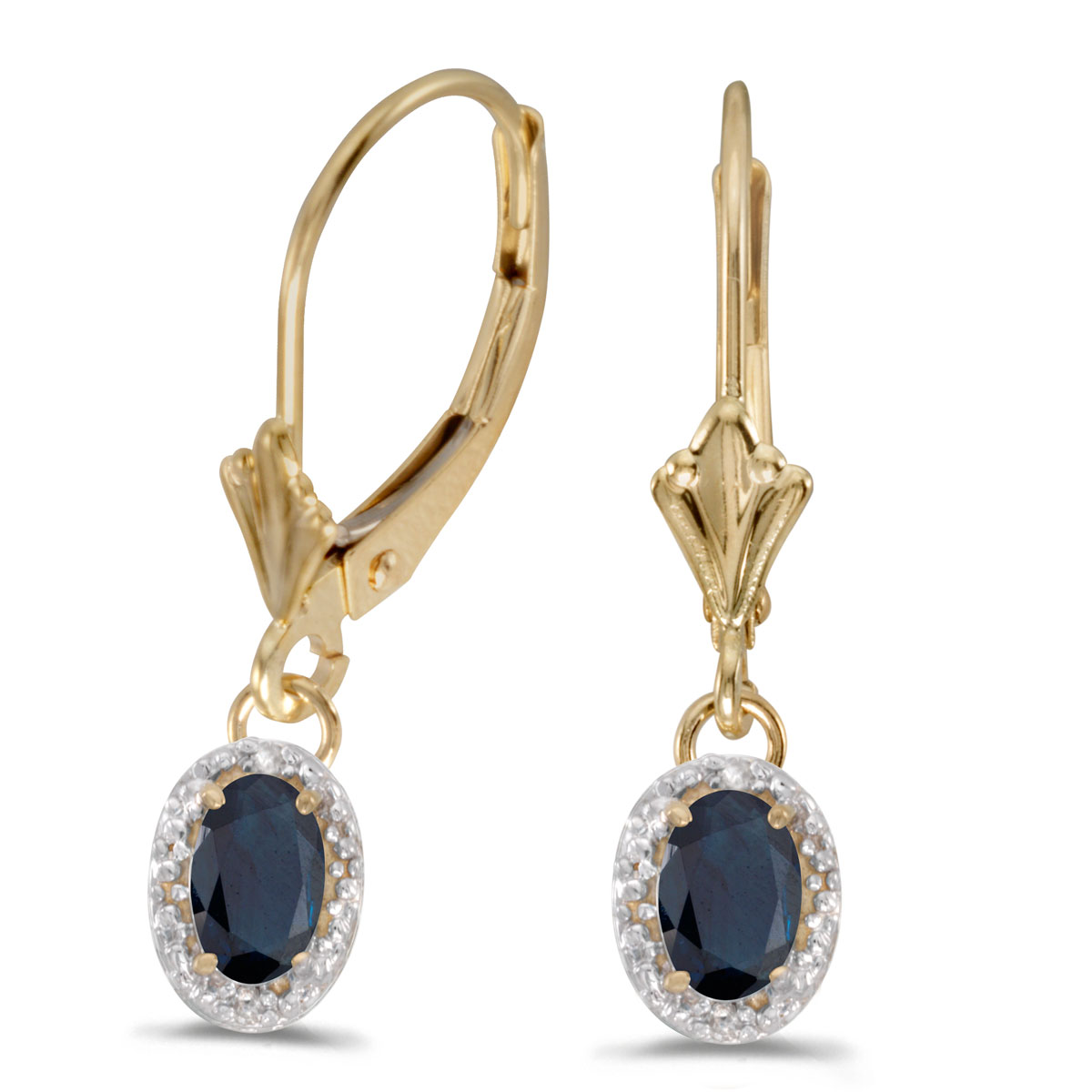 JCX2116: Beautiful 10k yellow gold leverback earrings with bold 6x4 mm sapphires complemented with bright diamonds.