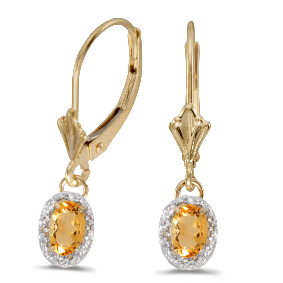 JCX2118: Beautiful 10k yellow gold leverback earrings with sunny 6x4 mm citrines complemented with bright diamonds.