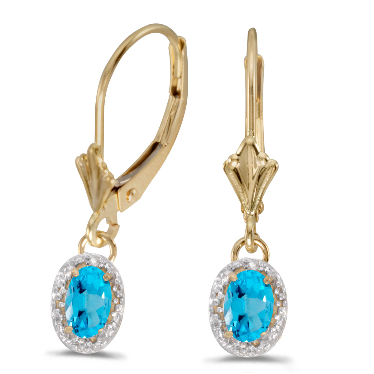 JCX2119: Beautiful 10k yellow gold leverback earrings with sophisticated 6x4 mm blue topaz stones complemented with bright diamonds.