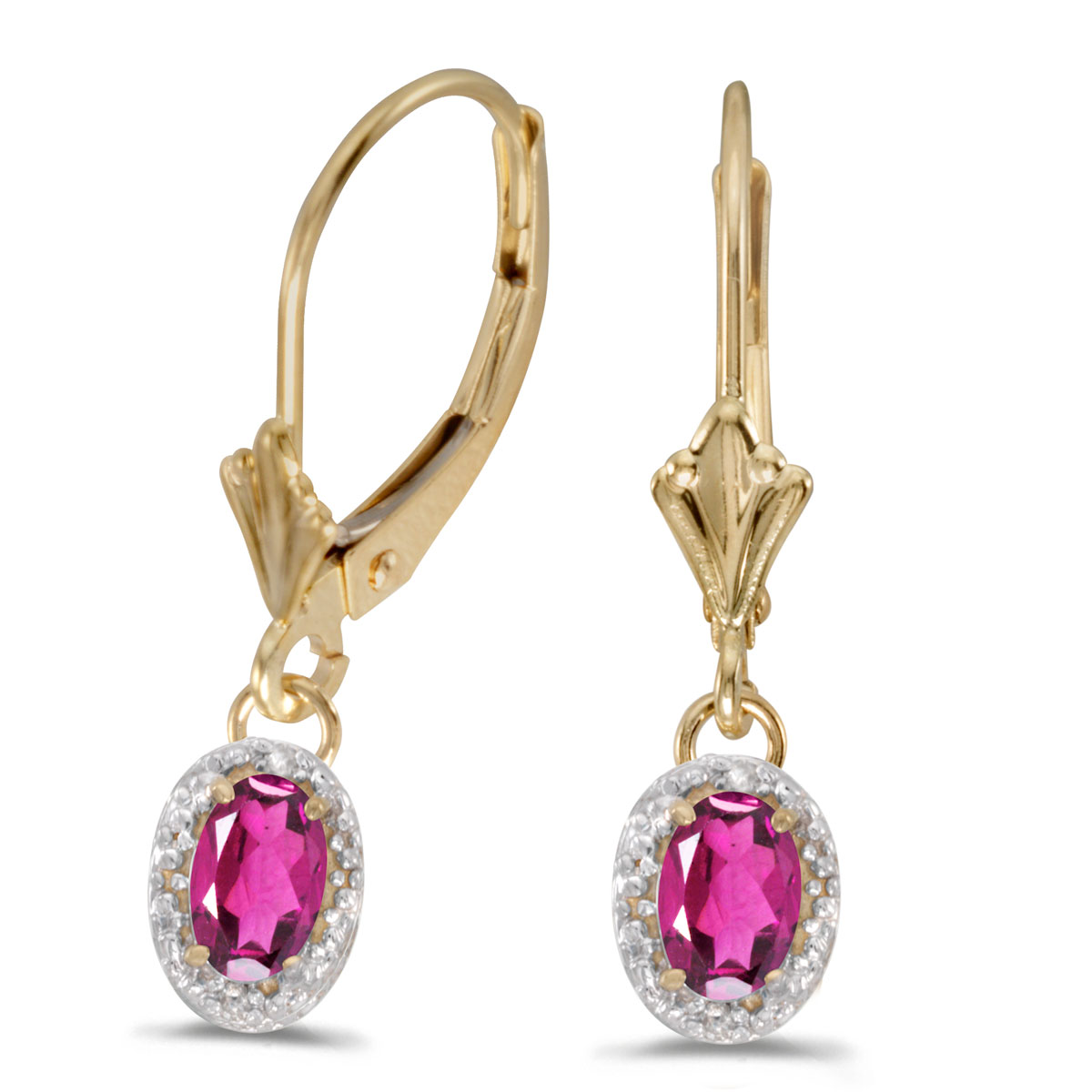 JCX2120: Beautiful 10k yellow gold leverback earrings with pretty 6x4 mm pink topaz stones complemented with bright diamonds.