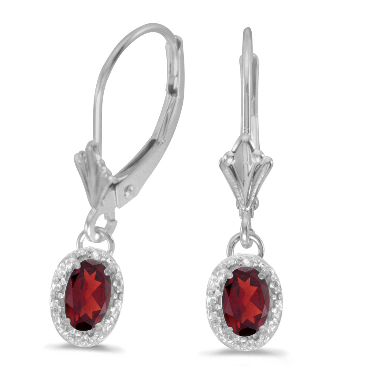 Beautiful 10k white gold leverback earrings with striking 6x4 mm garnets complemented with bright diamonds.