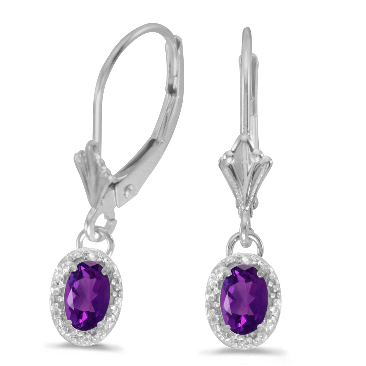 JCX2122: Beautiful 10k white gold leverback earrings with lovely 6x4 mm amethysts complemented with bright diamonds.