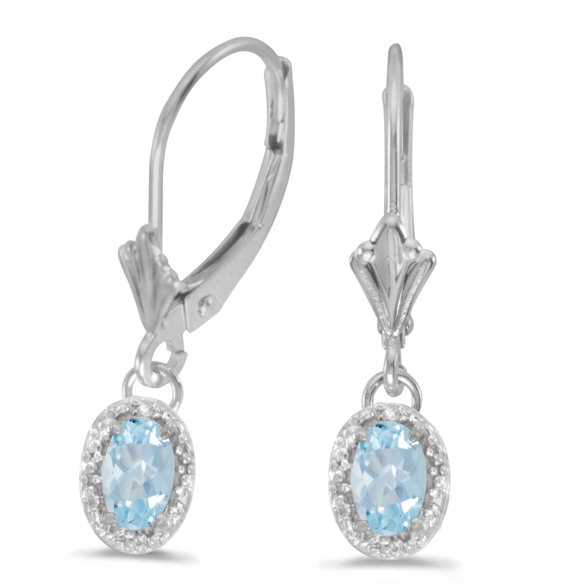JCX2123: Beautiful 10k white gold leverback earrings with stunning 6x4 mm aquamarines complemented with bright diamonds.
