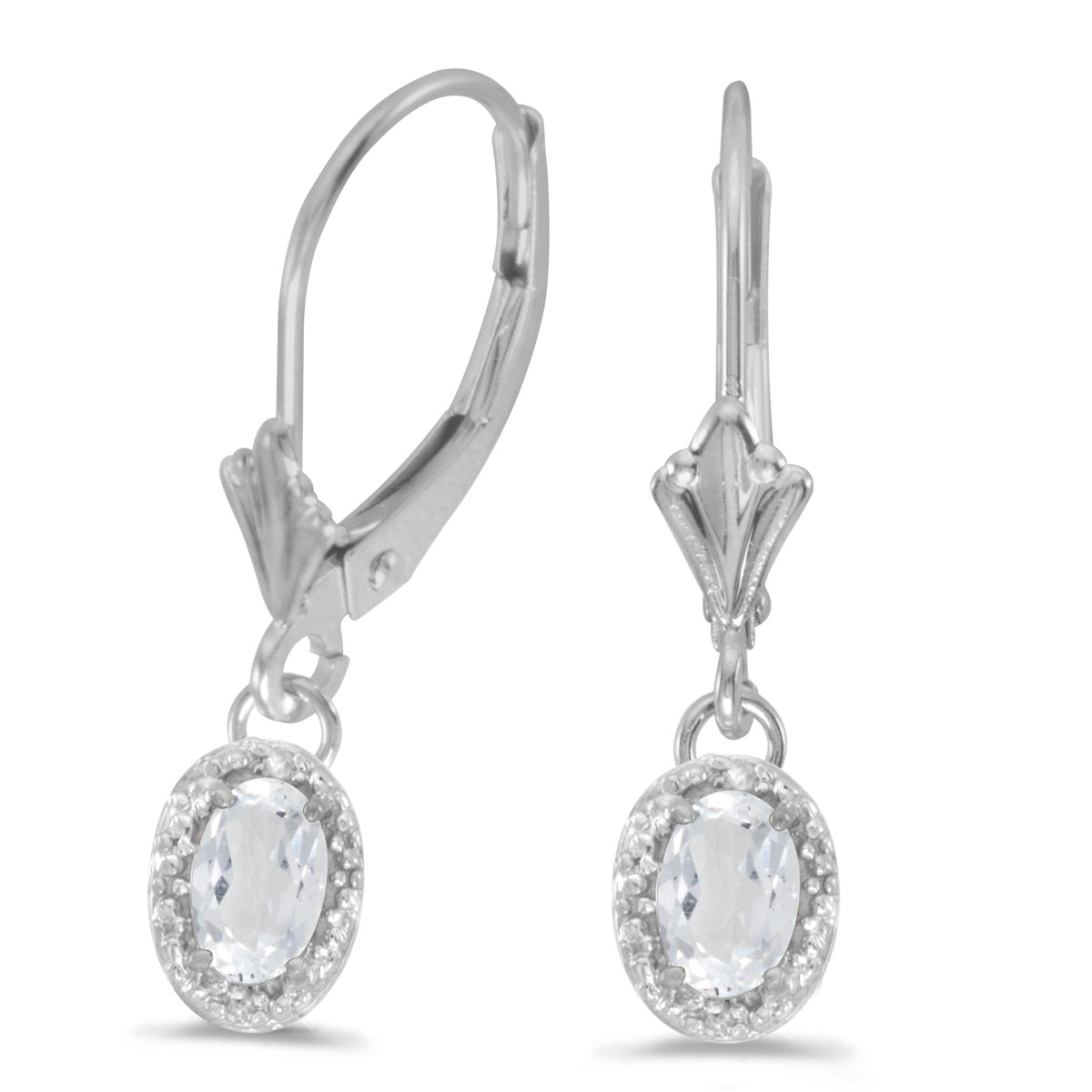 JCX2124: Beautiful 10k white gold leverback earrings with gorgeous 6x4 mm white topaz stones complemented with bright diamonds.