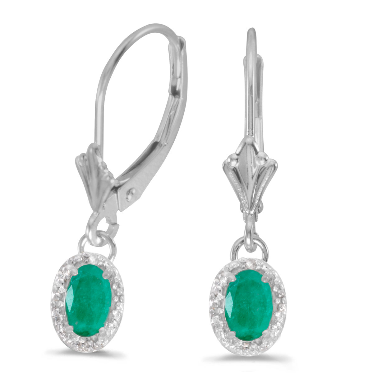 JCX2125: Beautiful 10k white gold leverback earrings with regal 6x4 mm emeralds complemented with bright diamonds.