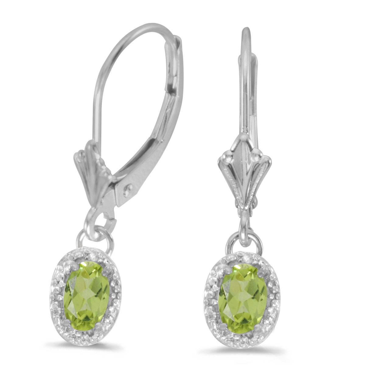 JCX2127: Beautiful 10k white gold leverback earrings with pretty 6x4 mm peridots complemented with bright diamonds.