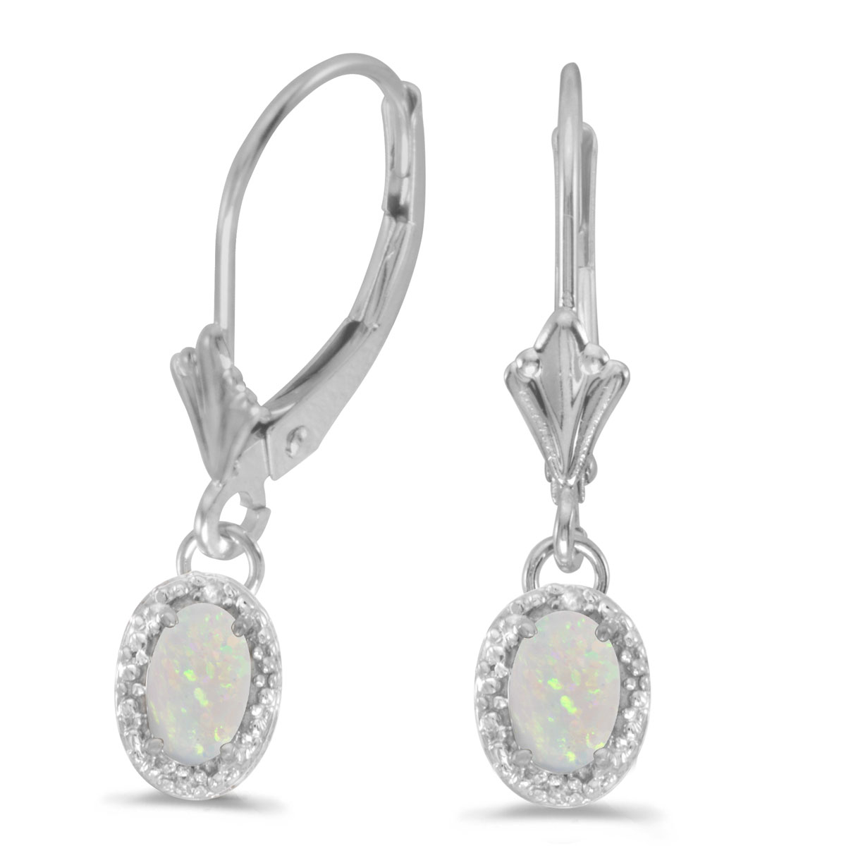 JCX2129: Beautiful 10k white gold leverback earrings with mesmerizing  6x4 mm opals complemented with bright diamonds.
