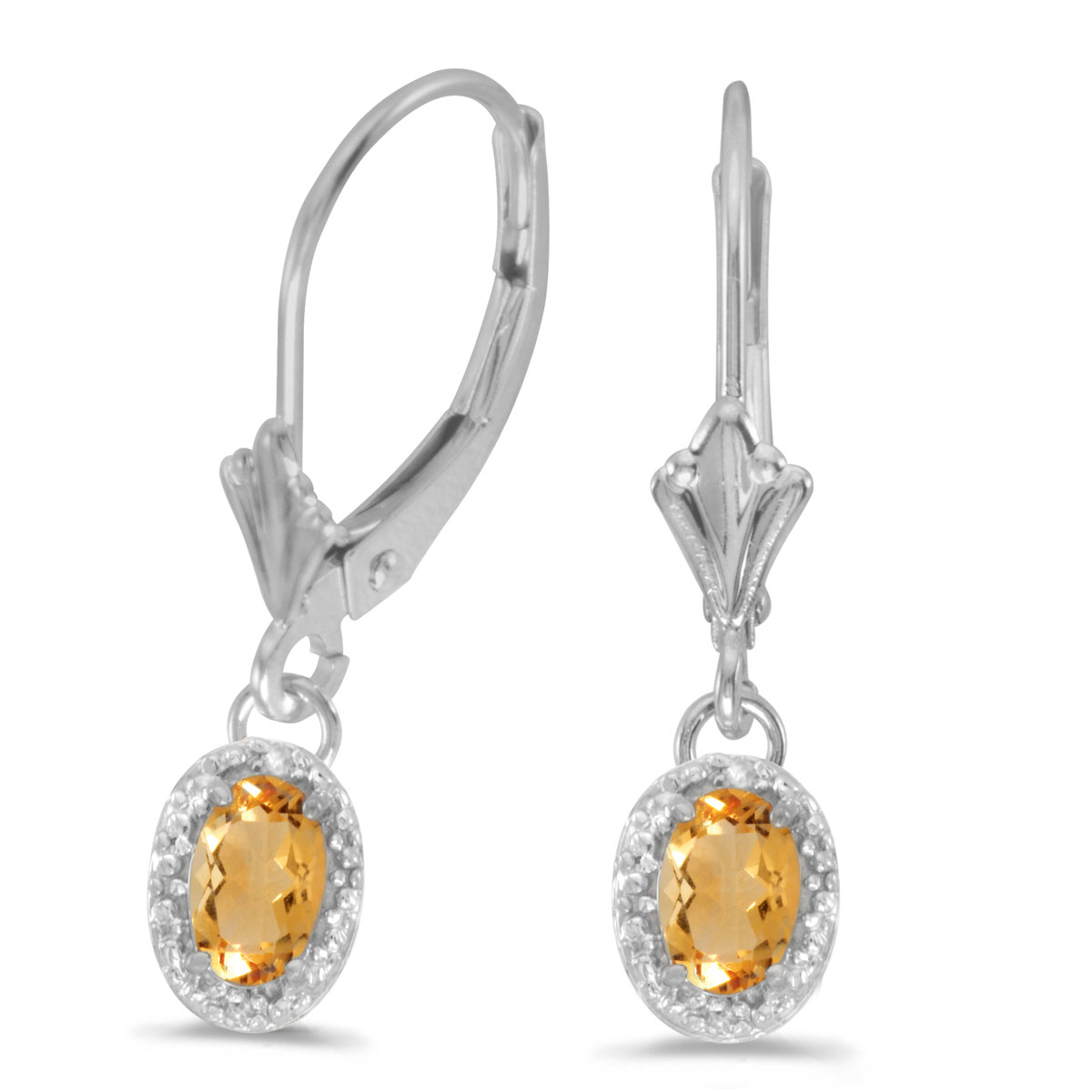 JCX2130: Beautiful 10k white gold leverback earrings with sunny 6x4 mm citrines complemented with bright diamonds.
