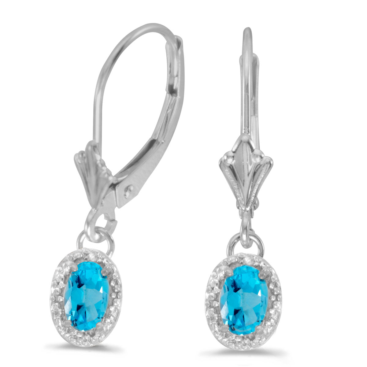 JCX2131: Beautiful 10k white gold leverback earrings with sophisticated 6x4 mm blue topaz stones complemented with bright diamonds.