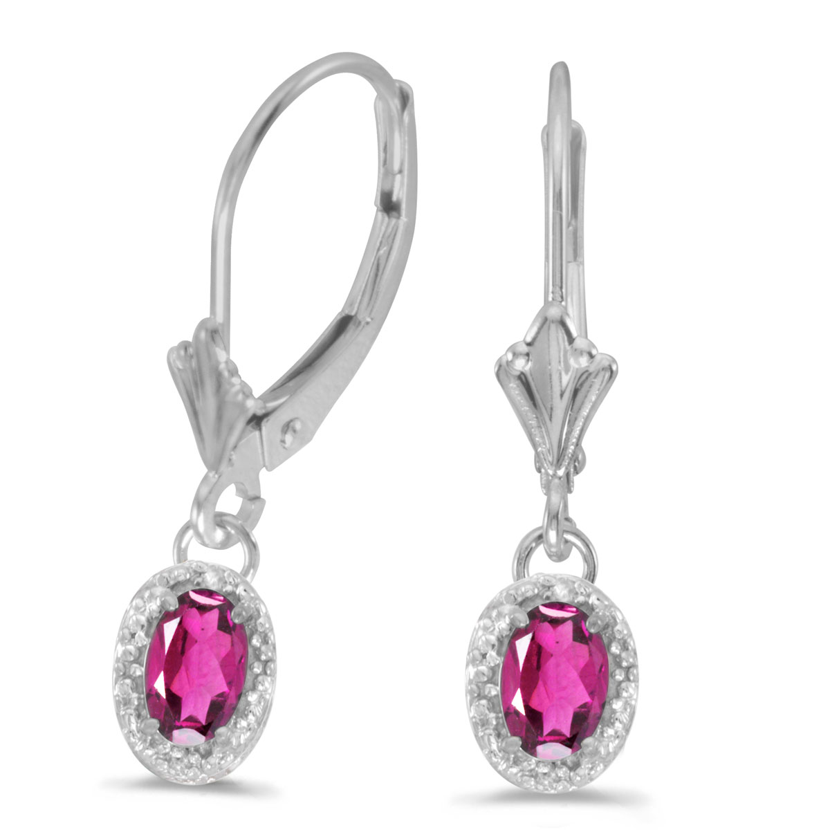 JCX2132: Beautiful 10k white gold leverback earrings with pretty 6x4 mm pink topaz stones complemented with bright diamonds.