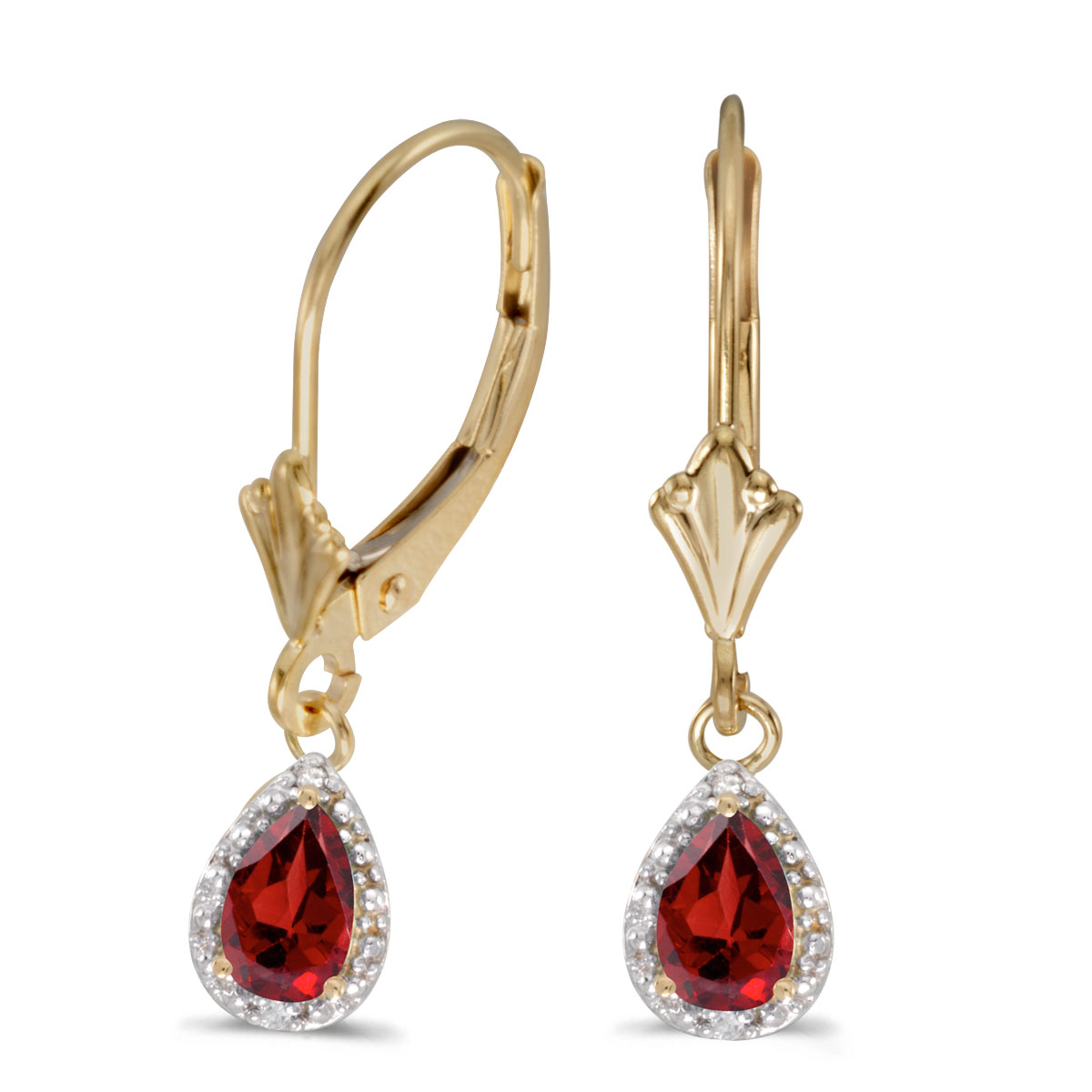 JCX2157: 6x4 mm pear garnet dangle in 10k yellow gold with shimmering diamond accents.