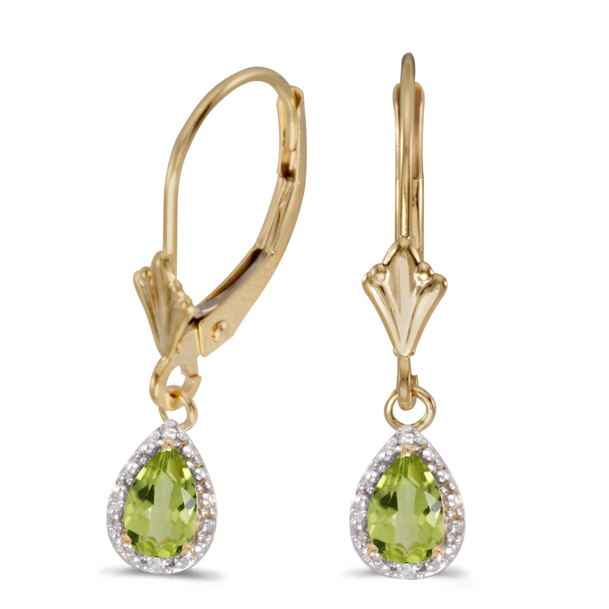 JCX2163: 6x4 mm pear peridot dangle in 10k yellow gold with shimmering diamond accents.