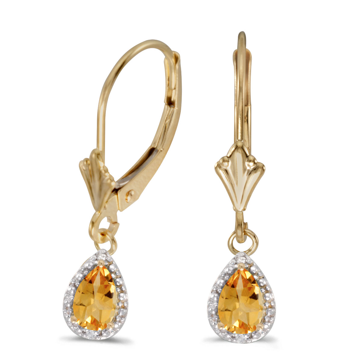 JCX2166: 6x4 mm pear citrines dangle in 10k yellow gold with shimmering diamond accents.