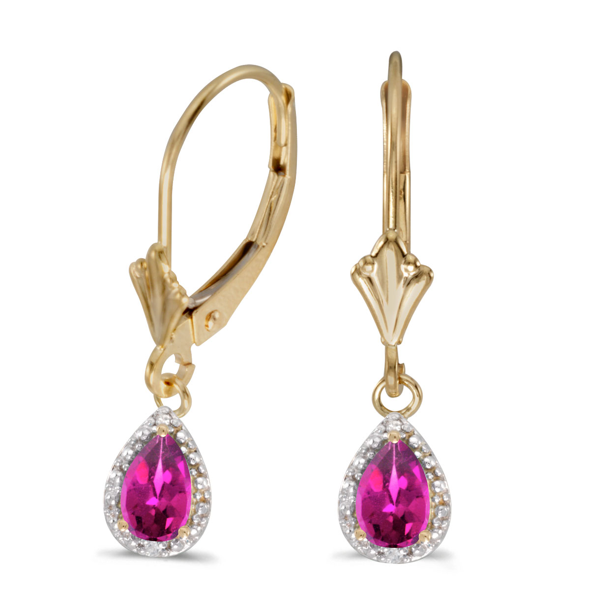 JCX2168: 6x4 mm pear pink topaz dangle in 10k yellow gold with shimmering diamond accents.