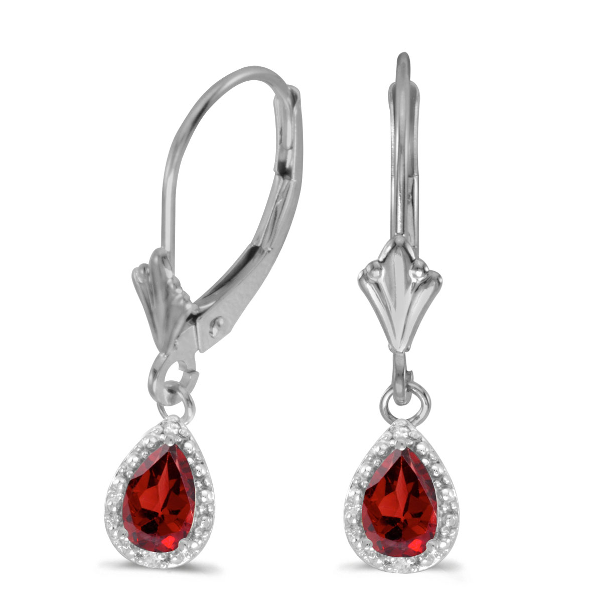 JCX2169: 6x4 mm pear garnet dangle in 10k white gold with shimmering diamond accents.