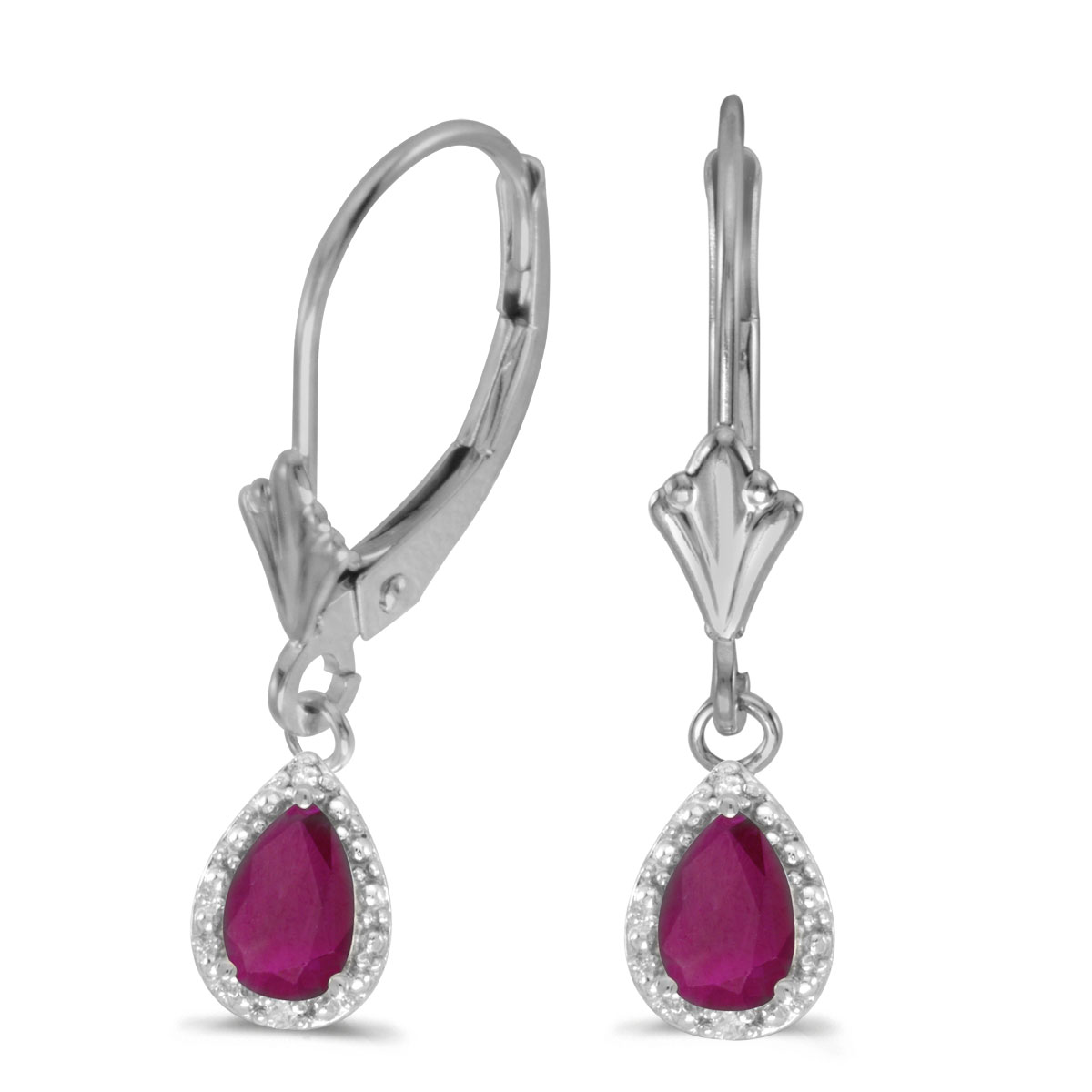 JCX2174: 6x4 mm pear rubies dangle in 10k white gold with shimmering diamond accents.