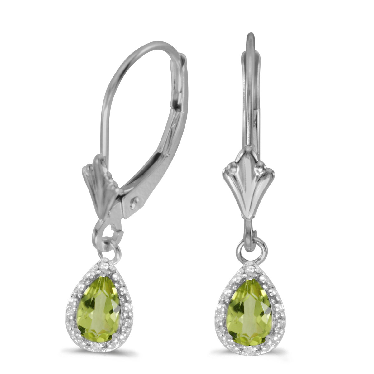 JCX2175: 6x4 mm pear peridot dangle in 10k white gold with shimmering diamond accents.