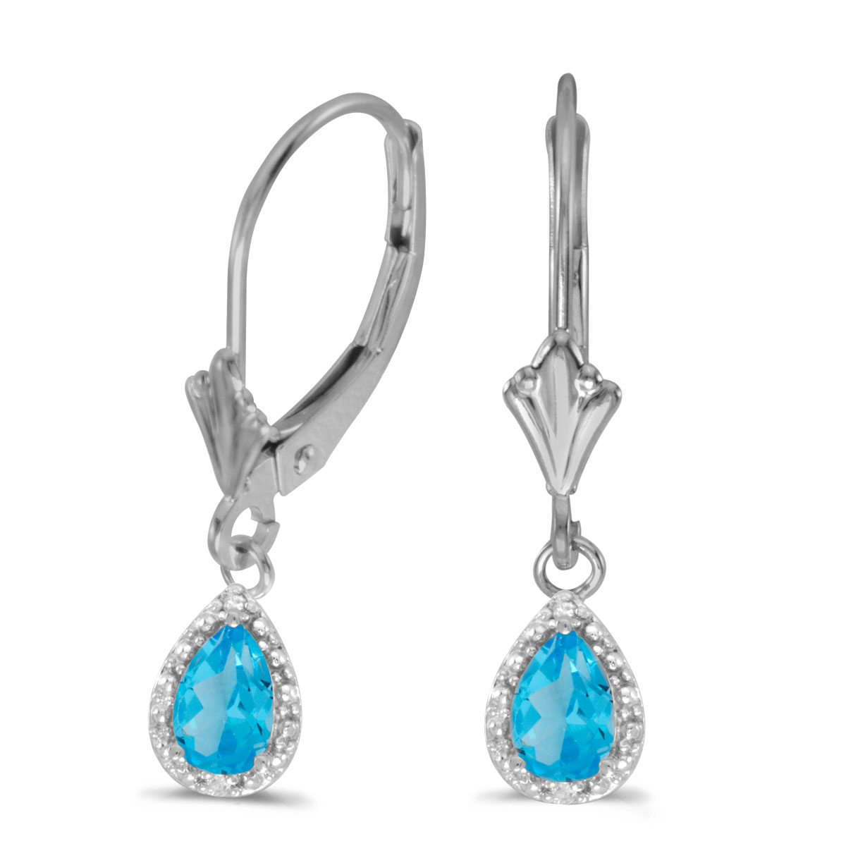 JCX2179: 6x4 mm pear blue topaz dangle in 10k white gold with shimmering diamond accents.