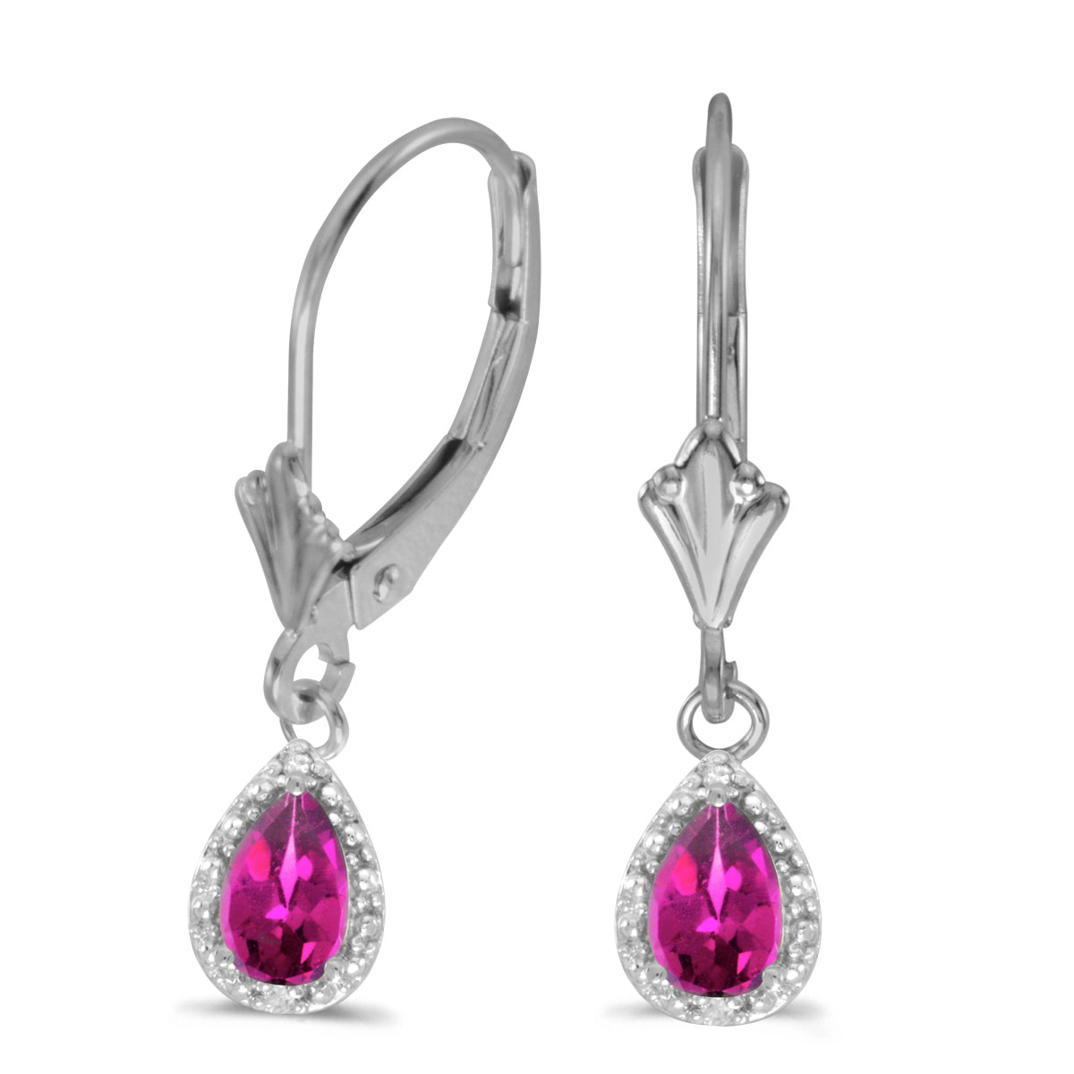 JCX2180: 6x4 mm pear pink topaz dangle in 10k white gold with shimmering diamond accents.