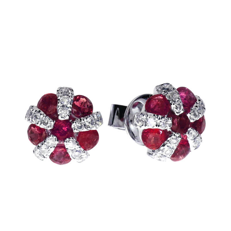 JCX2210: 14K White Gold Ruby and Diamond Ball Earrings