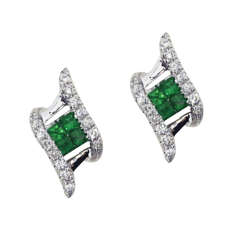 JCX2212: 14K White Gold Emerald and Diamond Angled Earrings