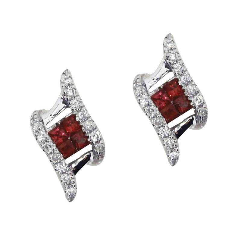 JCX2213: 14K White Gold Ruby and Diamond Angled Earrings