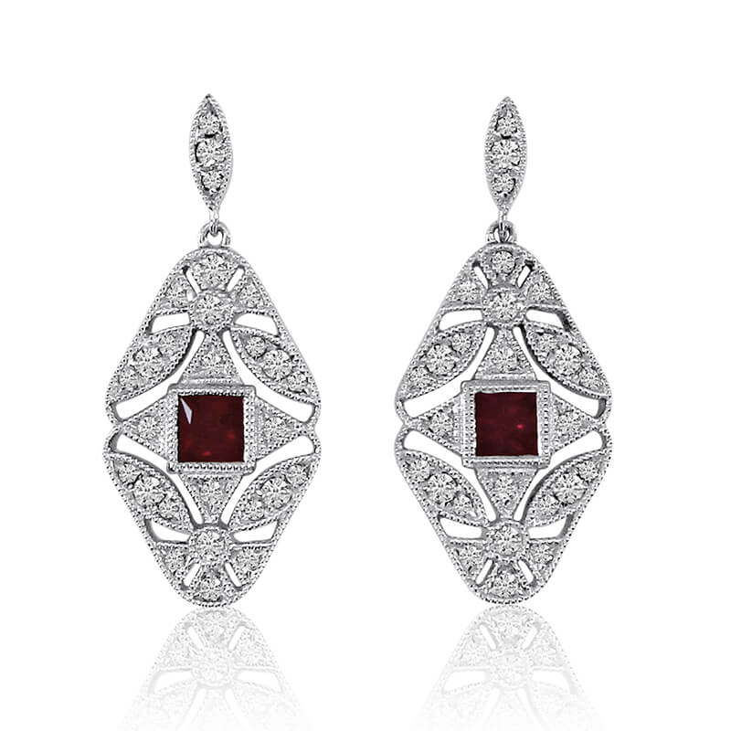 JCX2222: 14k White Gold Filigree Princess Ruby and Diamond Earrings