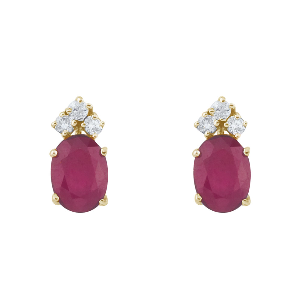 JCX2239: These 6x4 mm oval shaped ruby earrings are set in beautiful 14k yellow gold and feature .12 total carat diamonds.