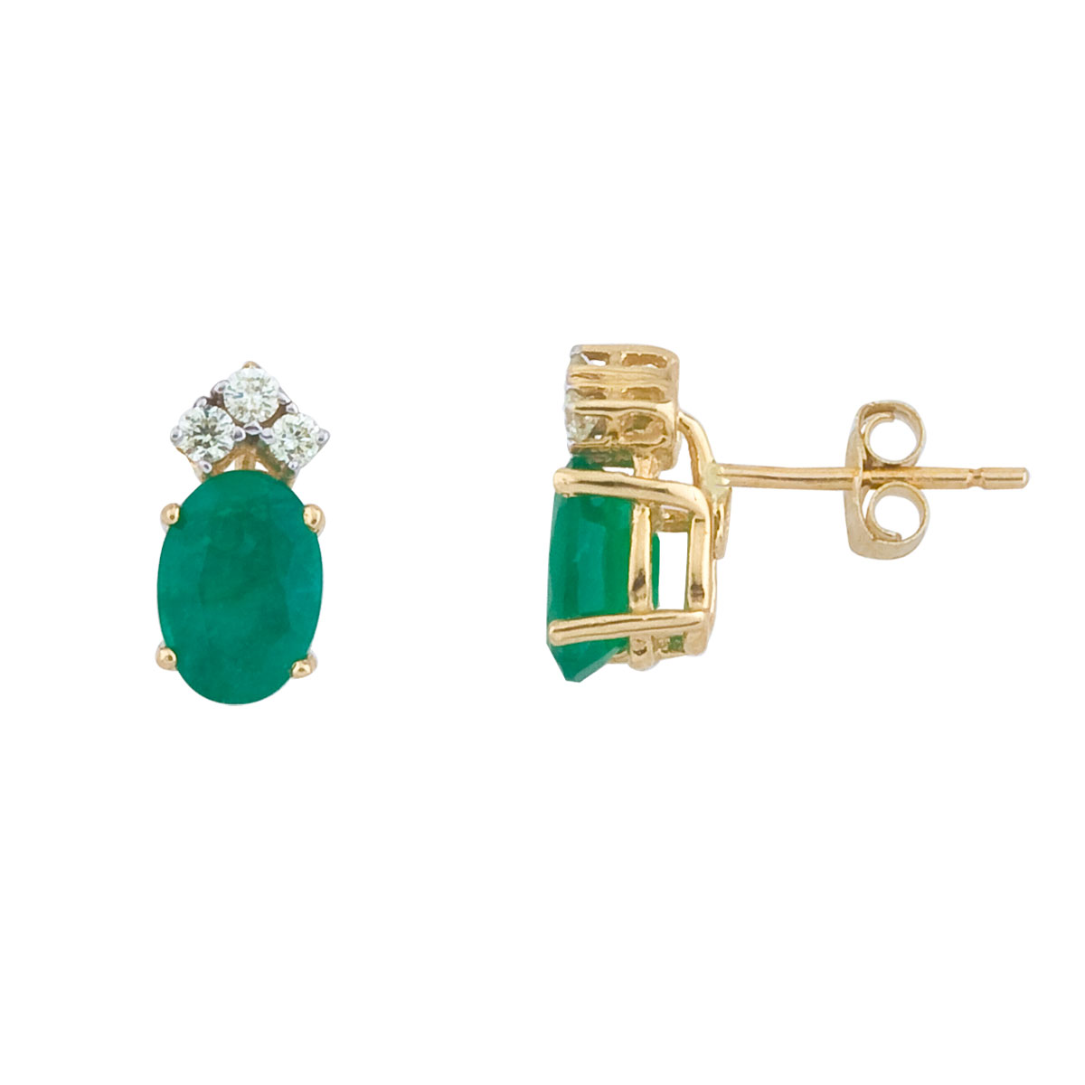 These 7x5 mm oval shaped emerald earrings are set in beautiful 14k yellow gold and feature .12 total carat diamonds.