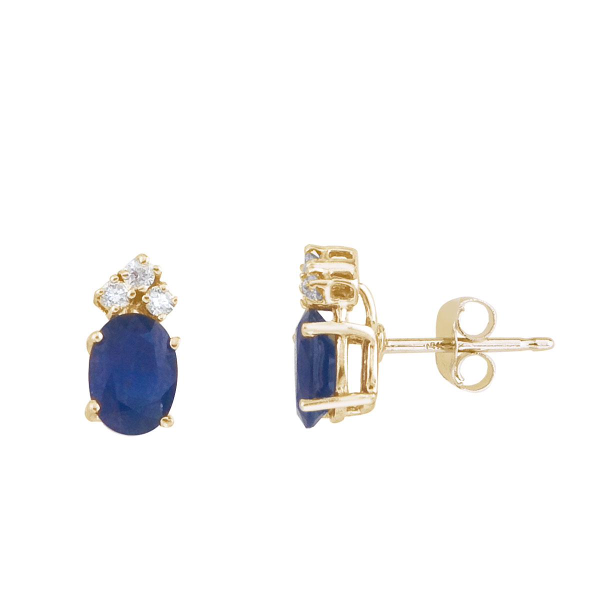 JCX2246: These 7x5 mm oval shaped sapphire earrings are set in beautiful 14k yellow gold and feature .12 total carat diamonds.