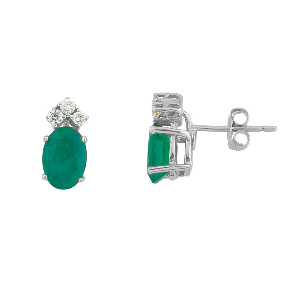 JCX2247: These 7x5 mm oval shaped emerald earrings are set in beautiful 14k white  gold and feature .12 total carat diamonds.