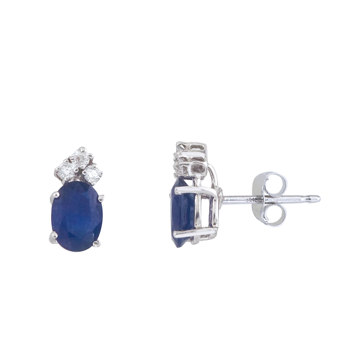 JCX2249: These 7x5 mm oval shaped sapphire earrings are set in beautiful 14k white gold and feature .12 total carat diamonds.