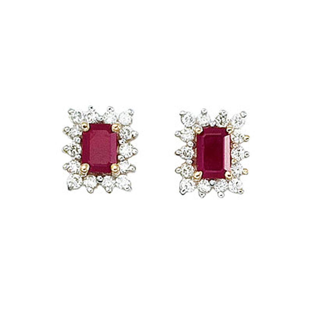 6x4 mm octogon shaped ruby earrings with .50 total ct diamonds set in 14k yellow gold.
