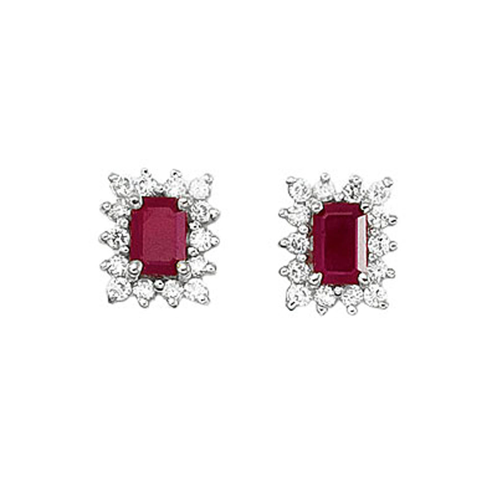 JCX2282: 6x4 mm octogon shaped ruby earrings with .50 total ct diamonds set in 14k white gold.