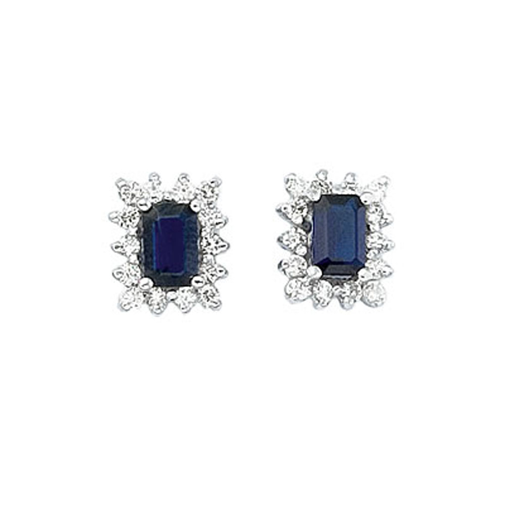 6x4 mm octogon shaped sapphire earrings with .50 total ct diamonds set in 14k white gold.