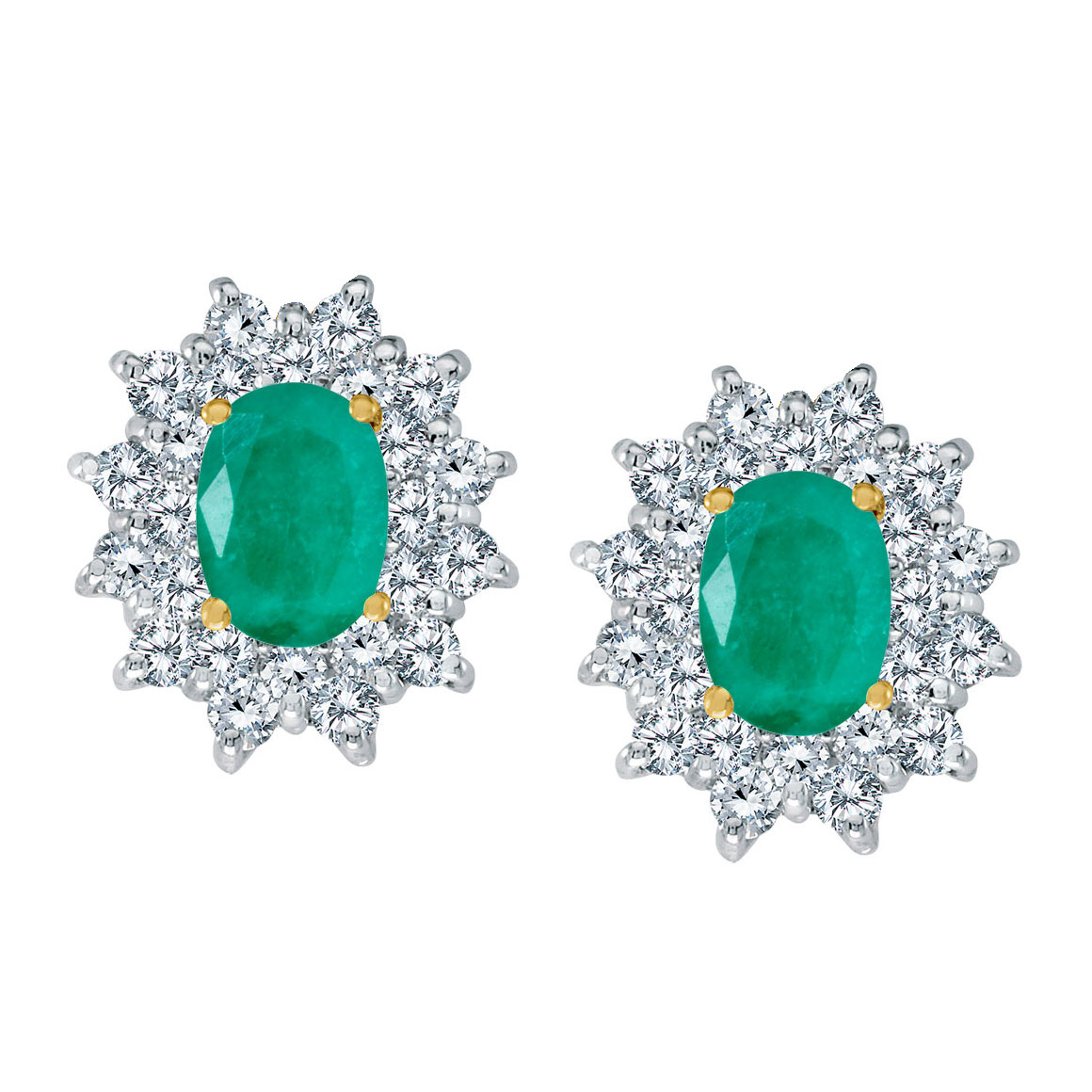 JCX2284: Bright 14k yellow gold earrings featuring 7x5 mm emeralds surrounded by 1.00 total carat of scintillating diamonds.