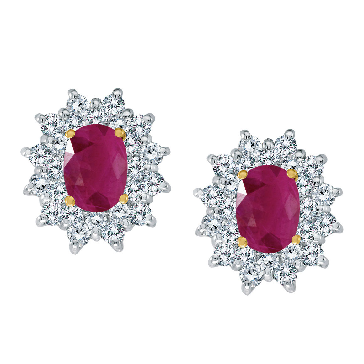 JCX2285: Bright 14k yellow gold earrings featuring 7x5 mm rubies surrounded by 1.00 total carat of scintillating diamonds.