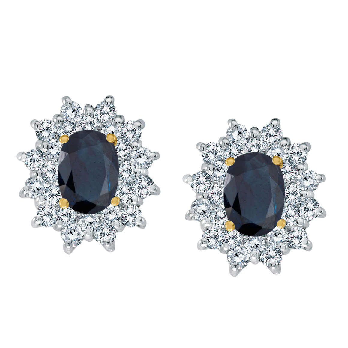 JCX2286: Bright 14k yellow gold earrings featuring 7x5 mm sapphires surrounded by 1.00 total carat of scintillating diamonds.
