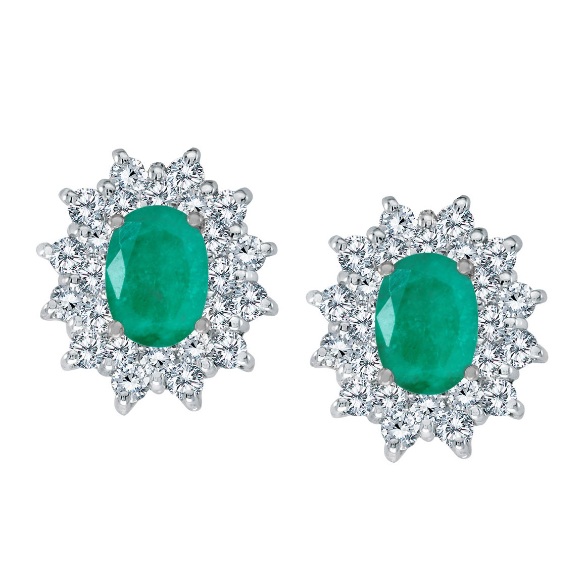 JCX2287: Bright 14k white gold earrings featuring 7x5 mm emeralds surrounded by 1.00 total carat of scintillating diamonds.